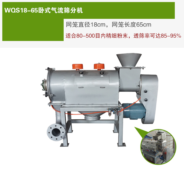 WQS18-65臥式氣流篩分機(jī)網(wǎng)籠直徑為18cm，網(wǎng)籠長(zhǎng)度為65cm